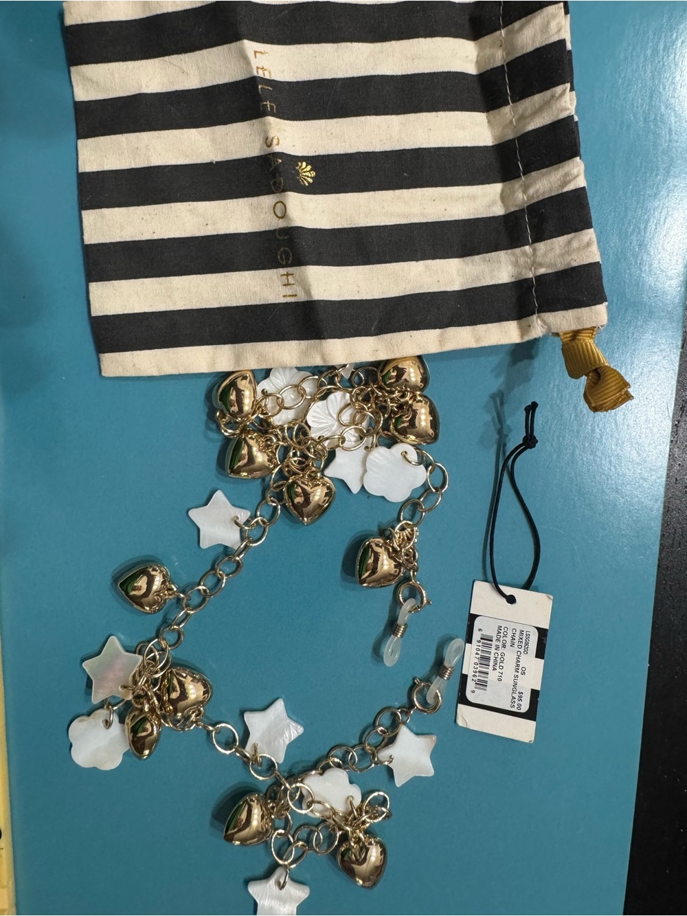 Lele Sadoughi Heart & Mother-of-Pearl Charm Necklace with Striped Pouch